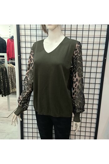 Butik Şans Jm Women's Leopard Print Tulle Sleeve Knitwear Blouse