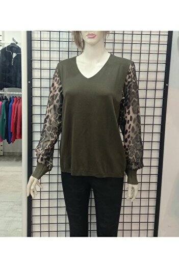 Butik Şans Jm Women's Leopard Print Tulle Sleeve Knitwear Blouse