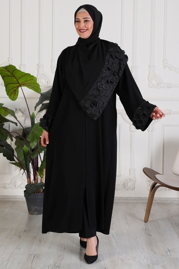 GigiTex Black Chiffon Honeycomb Pattern - Laser Cut Abaya with Shawl Ferace, Stylish and High Quality