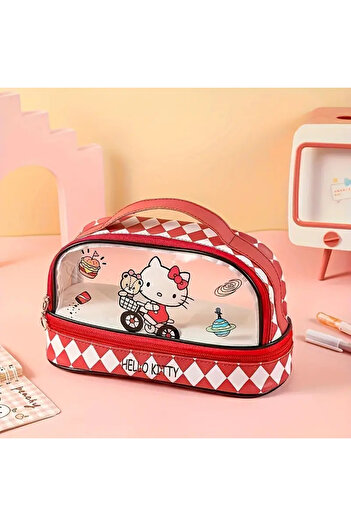 bundle island Children's Pencil Case with Hello Kitty Figure - Two Compartments, Transparent Section