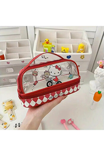 bundle island Children's Pencil Case with Hello Kitty Figure - Two Compartments, Transparent Section
