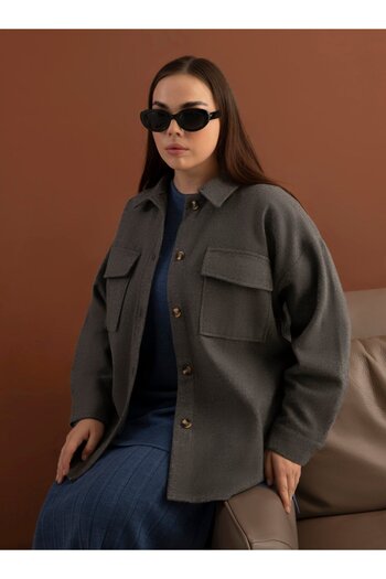 ALİA Oversize Stamp Jacket with Large Size Pocket Detail - Gray - Alia