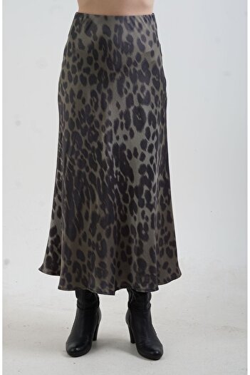 Zelish My Sister Fusta din satin cu model leopard kaki