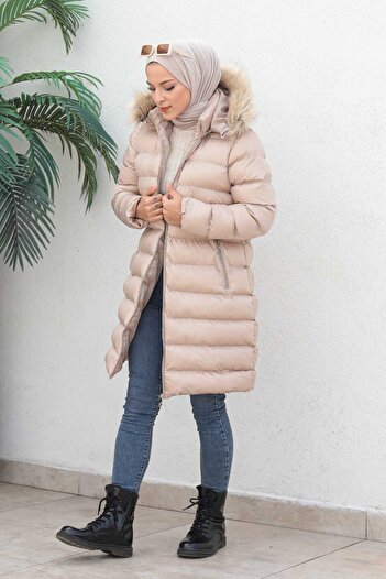 İmajButik Stone Large Size Hooded Hijab Puffer Coat