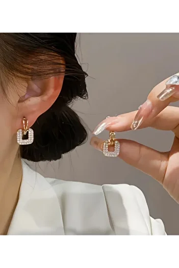 DM Stylish Square Geometric Stud Earrings with Sparkling Rhinestones, Stainless Steel