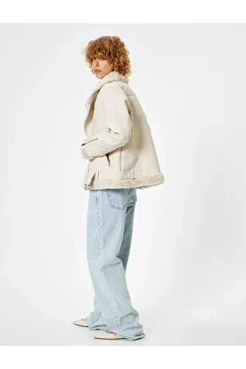 Koton Leather Look Faux Fur Zippered Biker Jacket