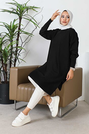 İmajButik Μαύρο Crew Neck Mercerized Casual Knitwear Tunic