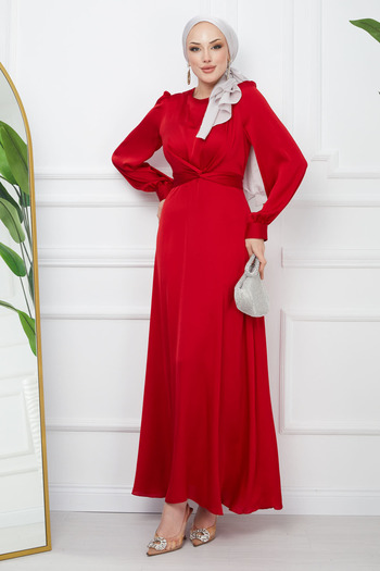 İmajButik Red Satin Evening Dress with Tie Detail