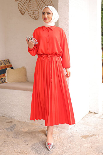 İmajButik Pomegranate Flower Arm Waist Detailed Blouse Pleated Skirt Set
