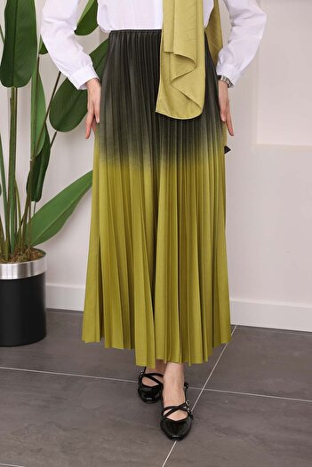 İmajButik Oil Green Long Skirt - Pleated and Color Detailed