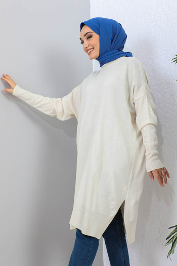 İmajButik Πέτρινο Crew Neck Mercerized Casual Knitwear Tunic