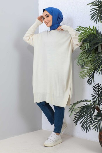 İmajButik Πέτρινο Crew Neck Mercerized Casual Knitwear Tunic