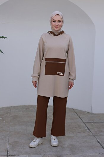 Armine Armine Trend Hooded Sleeves Ribbed Trousers Double Suit-Beige 24Kt625