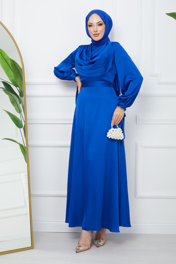 İmajButik Saks Μπλε γιακά Λεπτομερές Σατέν Βραδινό Φόρεμα με Δεμένο Μανίκι