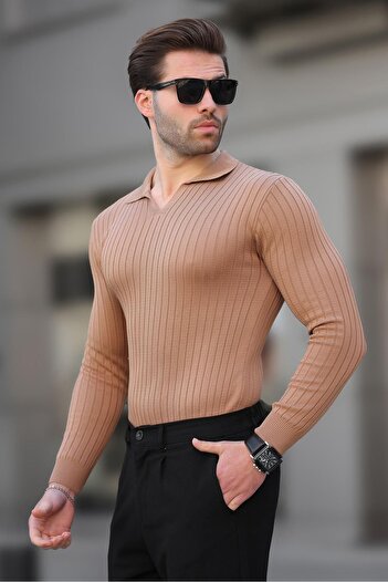 Madmext Ανδρικό μακρυμάνικο πουλόβερ Camel Polo γιακά ριγέ 7289