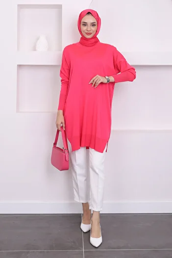 İmajButik Fuchsia Crew Neck Mercerized Casual Knitwear Tunik