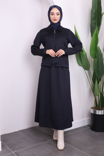 İmajButik Navy Blue Zippered Jacket Skirt Scuba Suit