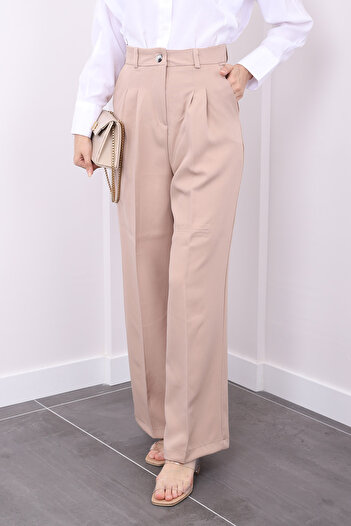 İmajButik High Waist and Wide Leg Beige Trousers