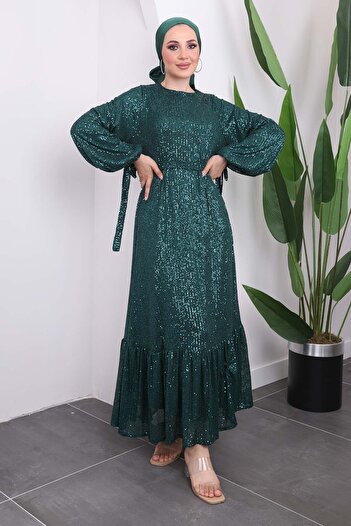İmajButik Σμαραγδένια Πράσινη Γραβάτα Βραδινό Φόρεμα με παγιέτες