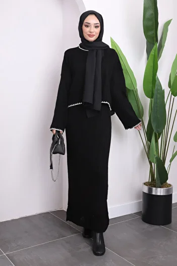 İmajButik Μαύρο Πλεκτό Φόρεμα Crop Διπλό Σετ