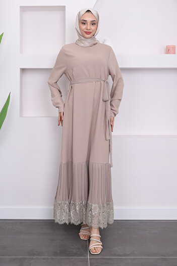İmajButik Μπεζ φόρεμα με πλισέ δαντέλα