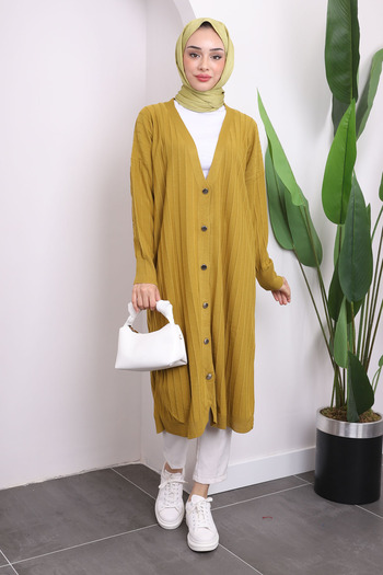 İmajButik Oil Green Buttoned Long Knitwear Mercerized Cardigan