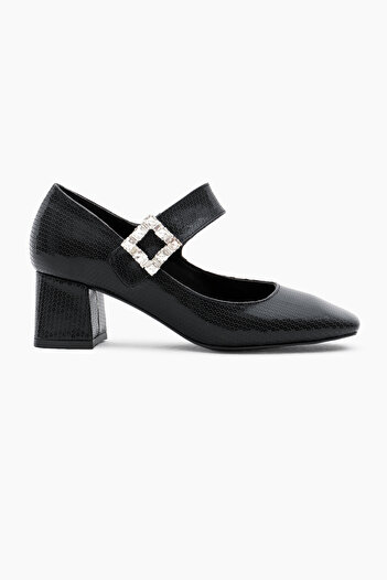 Tonny Black Women's Black Neolite Sole Patterned Velcro Stone Buckle Heeled Shoes