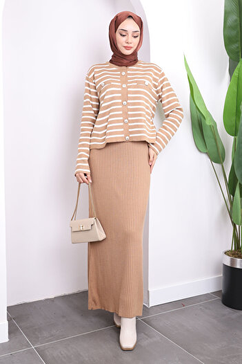 İmajButik Μπισκότα Crop Ζακέτα Πλεκτά Φόρεμα Διπλός Συνδυασμός