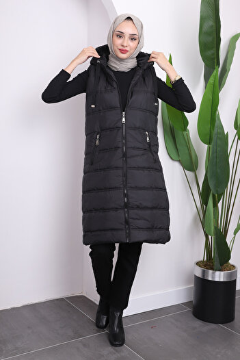 İmajButik Black Hooded Long Puffer Vest