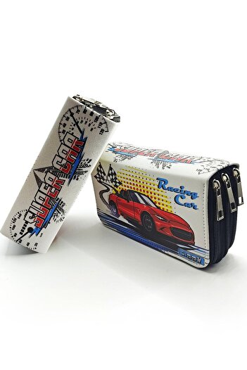 Limmy Pencil Case Car Patterned Kawai Organizer Pencil Case Vegan Leather Three Compartment Pen Holder - Black