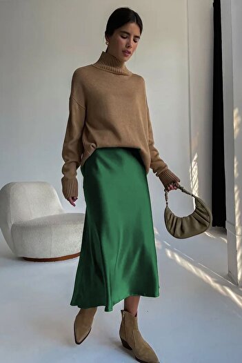 Madmext Mad Girls Green Satin Skirt Mg1409