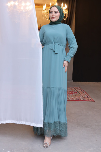 İmajButik Φόρεμα σιφόν με πλισέ με πέτρα μέντας