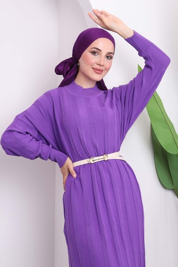 İmajButik Μωβ Πλεκτό Φόρεμα Mercerized με γιακά