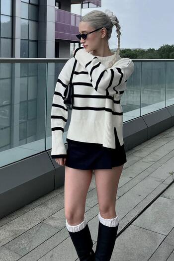 Madmext Bone Color Crew Neck Striped Color Sweater MG1958