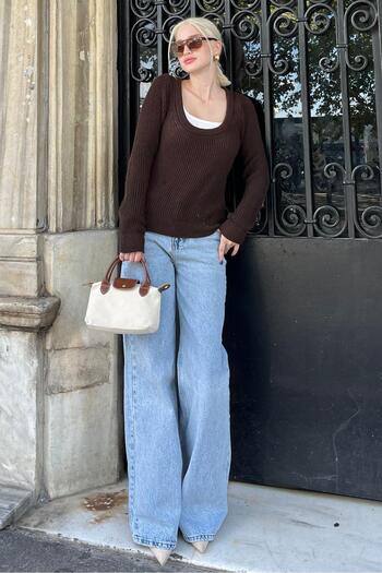 Madmext Crew Neck Basic Knitted Sweater - Brown Mg2189