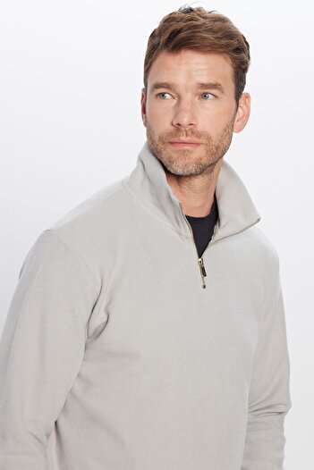 Tudors Unisex Relax Fit Comfortable Cut Ribbed Cotton Half Zipper Gray Stand Collar Sweatshirt