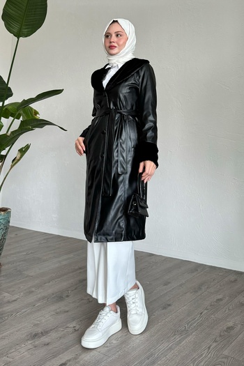 InStyle Black Leather Trench Coat with Fur Detail