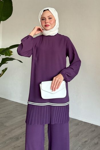 InStyle Dark Purple Double Set with Pleated Skirt and Piping