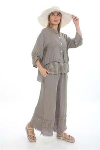 Bohem Stil Italian Fisto Detailed Linen Pant Jacket Set