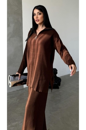DAMGA Collection Knitwear Suit Women's Slit Zippered Top and Bottom