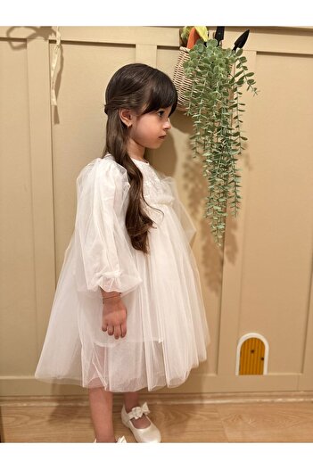 azecekids Beyaz Balon Kol Tüllü Uzun Kol Kız Çocuk Doğum Günü Elbisesi Tütü Kız Abiye