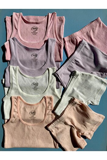 VicTroy 4Pcs Girls' Hollowed Out Model - Thick Straps Undershirt and Boxer Shorts Set (Total 8 Pieces)