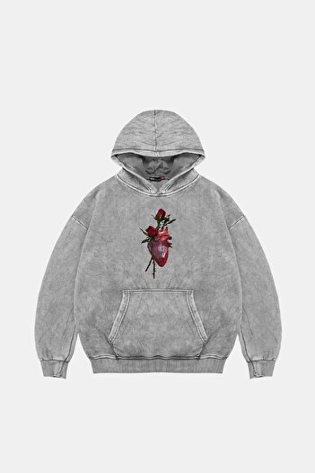 Sekizbiraltı Heart&Rose Printed Oversize Unisex Premium Washed White Hoodie
