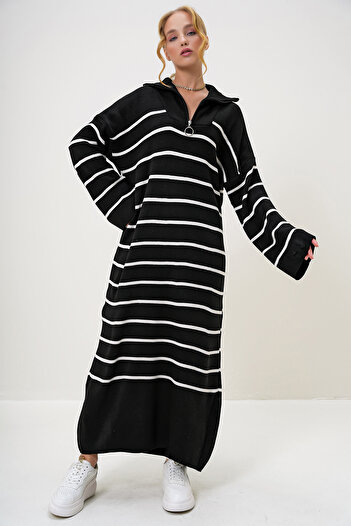 Trend Alaçatı Stili Kadın Siyah Balıkçı Yaka Yarım Fermuarlı Oversize Maxi Boy Elbise ALC-X12993
