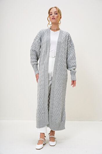 Trend Alaçatı Stili Grimelange V-Neck Hair Knit Patterned - Non-Closed Maxi Knitwear Women's Cardigan Alc-X12980