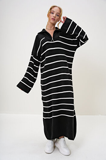 Trend Alaçatı Stili Kadın Siyah Balıkçı Yaka Yarım Fermuarlı Oversize Maxi Boy Elbise ALC-X12993