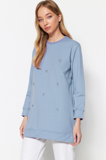 Trendyol Modest Blue Crew Neck Stone Detailed Knitted Tunic Tctss22Tn0072