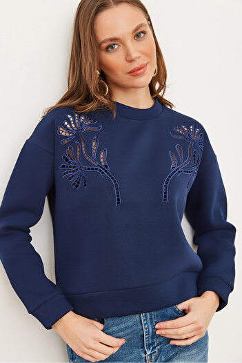 Olalook Γυναικείο φούτερ Navy Blue Roba Scallop Λεπτομερές Raster SWT- 19000703