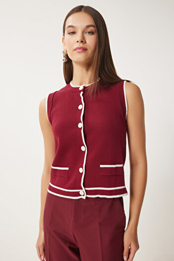 Happiness İstanbul Women's Burgundy Contrast Stripe Detailed Knitwear Vest Fn03406