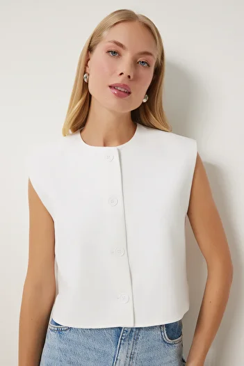 Happiness İstanbul Women's White Buttoned Crop Woven Vest To00159